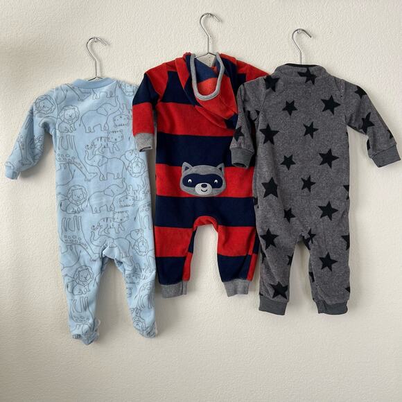 3x Carter’s fleece onesie footie gray star animal print zebra raccoon hooded - Picture 1 of 5